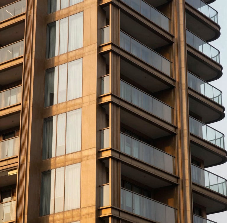 Close-up architectural detail of a modern luxury residential tower facade in Mumbai, warm golden-hour light reflecting off champagne-tinted glass and structural bronze panels, shallow depth of field