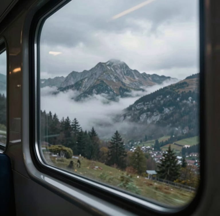 Moody train window overlooking misty European mountains, dramatic overcast sky, low-angle cinematic framing.