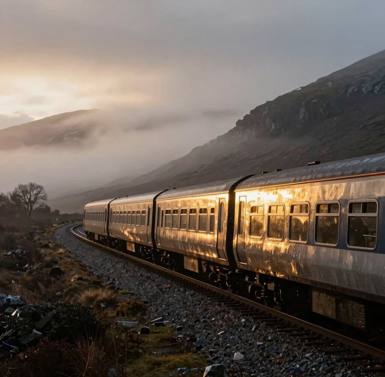Cinematic wide shot of a passenger train winding through the dramatic misty Scottish Highlands at dawn, golden light catching the wet metal, moody atmosphere.