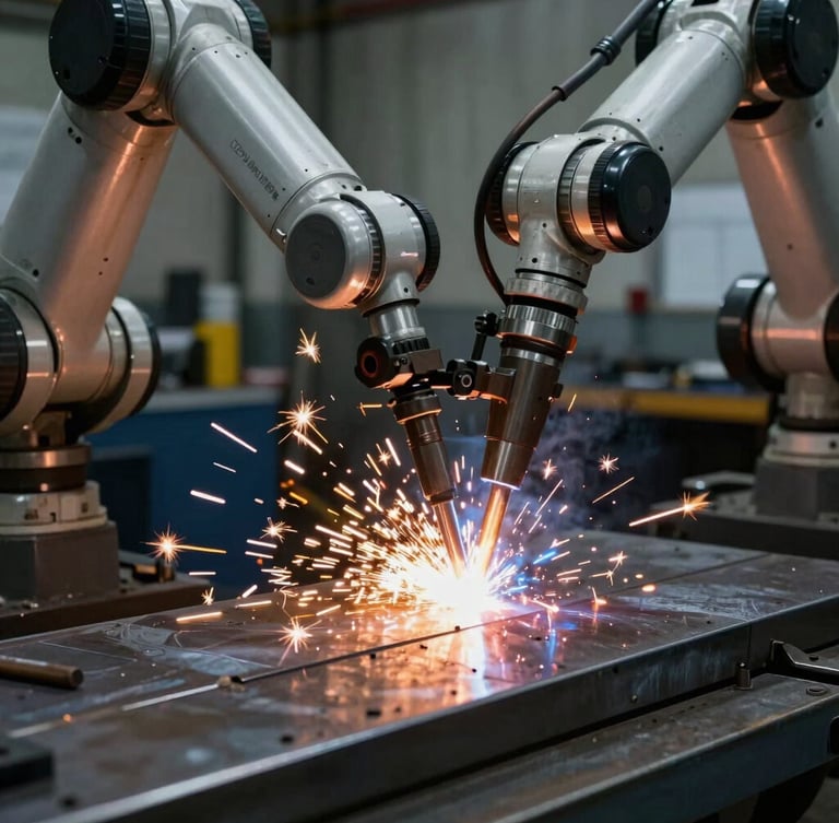 Dramatic industrial photography, close-up of a robotic welding arm firing orange sparks against dark steel plates, high-contrast workshop lighting, 35mm lens