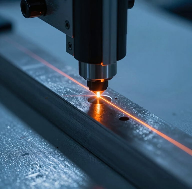 Macro shot of a high-contrast industrial laser scanner emitting a bright orange laser line across a precision-cut steel component, cool blue workshop background, dramatic shadows