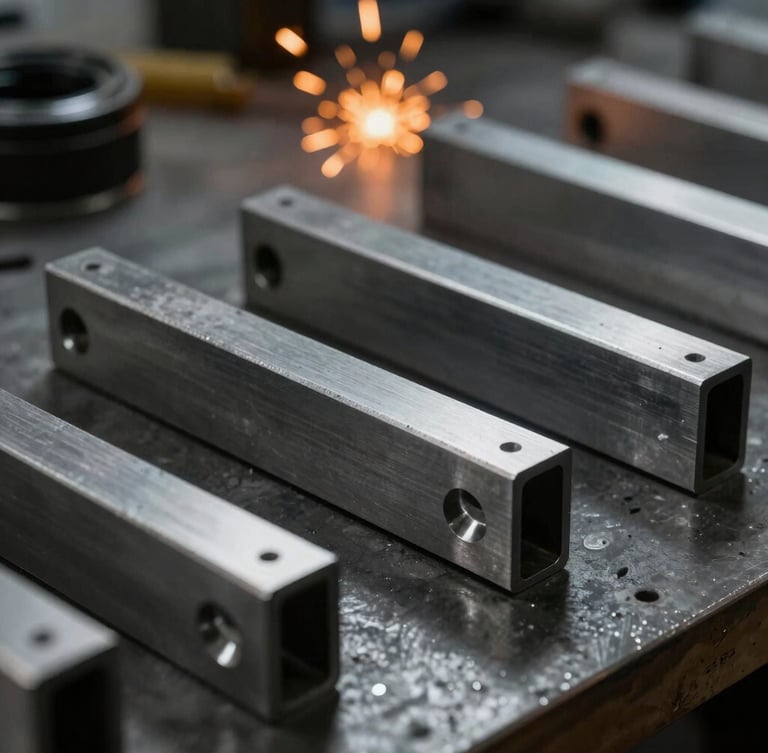 Close-up of pristine laser-cut steel components on a dark workbench, high-contrast industrial lighting, warm orange sparks in the background, 35mm lens