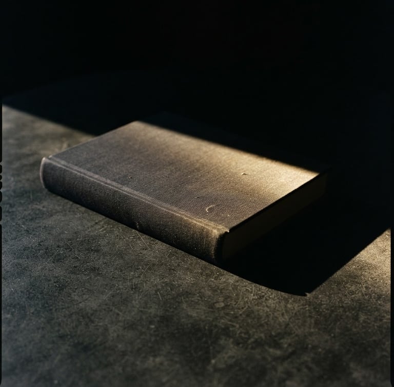 Minimalist linen-bound book casting a long shadow on a dark graphite surface, single golden ray of light, dark editorial photography, 35mm