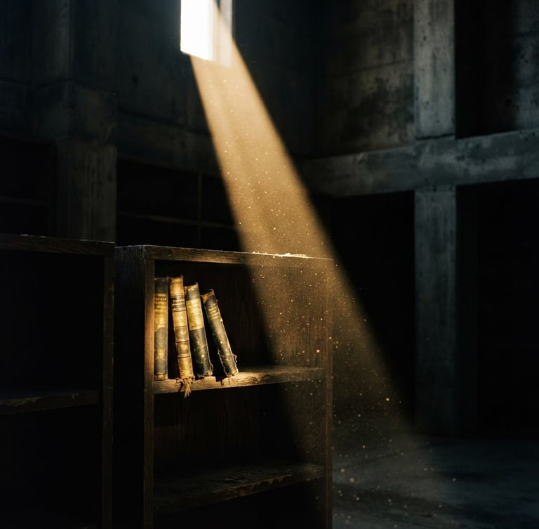 Macro close-up of a single shaft of golden light cutting through a dark, empty concrete library, dramatic chiaroscuro, deep graphite and gold tones, 35mm