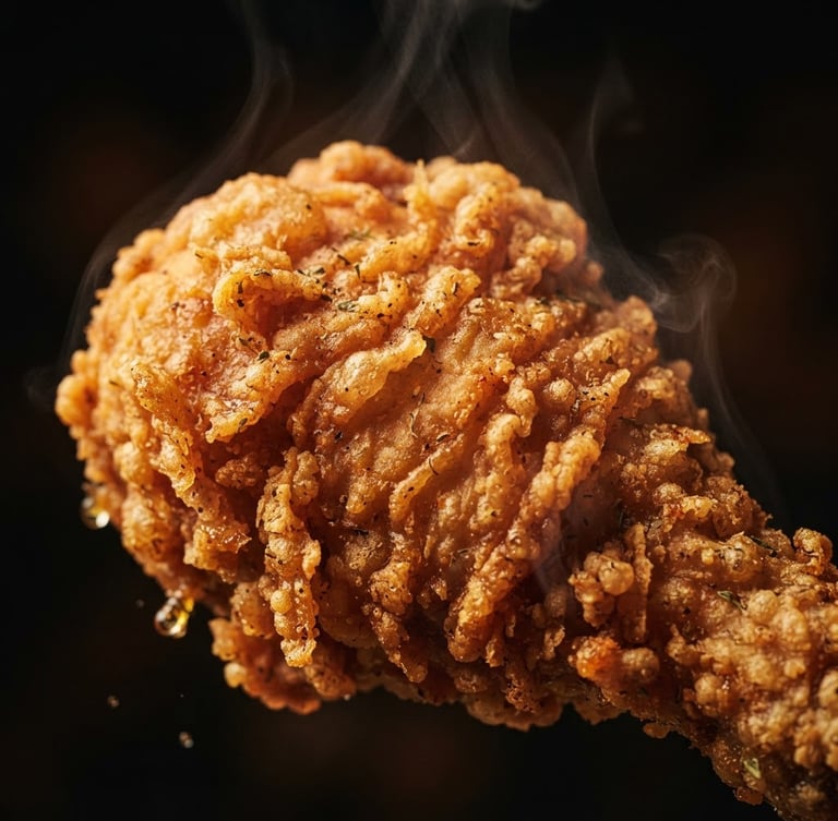 Close-up of golden-brown crispy Kentucky fried chicken, textured crunchy skin details, steam rising, rich golden tones, dark moody background, warm side lighting, macro lens