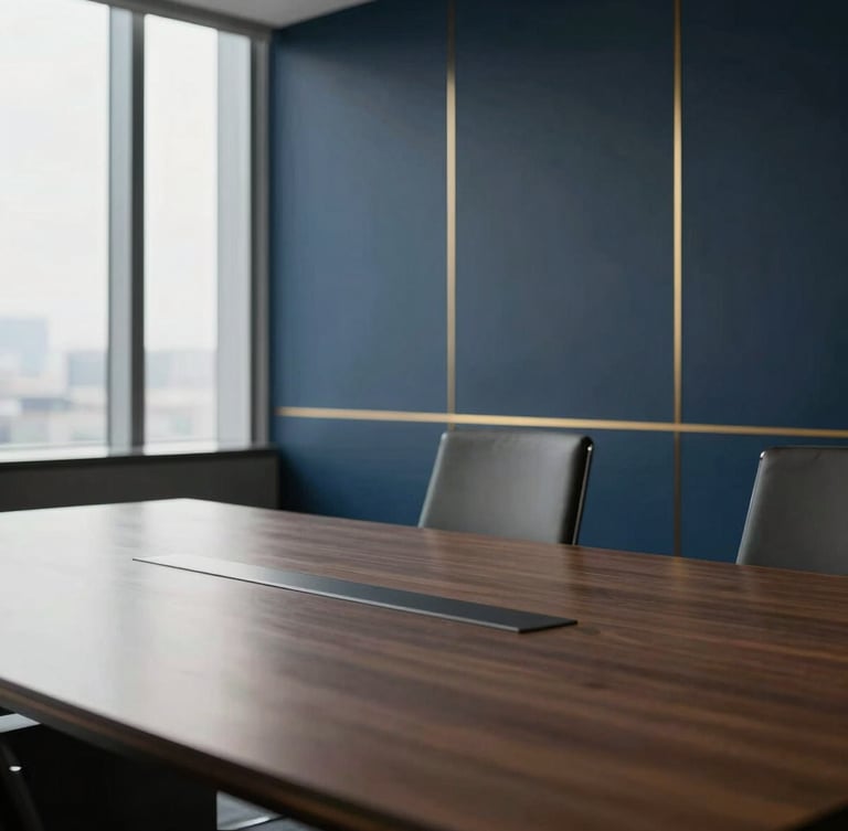 Architectural shot of a modern, high-end empty boardroom with a single chair pulled slightly out, bathed in soft natural window light, deep navy and muted gold accents, 35mm