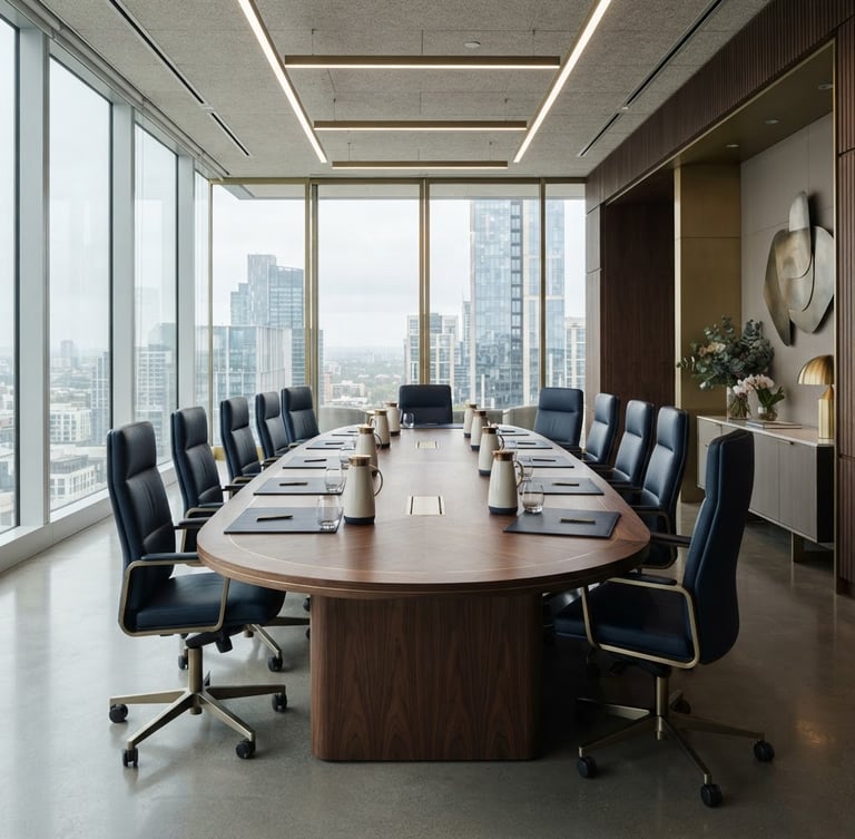 High-end executive workspace, empty boardroom with natural light, architectural details of modern offices, soft natural window light, deep navy and muted gold accents, 35mm