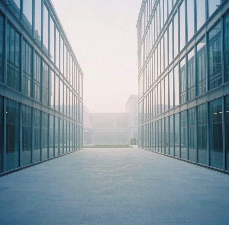 Wide architectural shot of a modern minimalist corporate building with glass facades reflecting soft morning daylight, cool mist blue tones, clean open space, 35mm photography