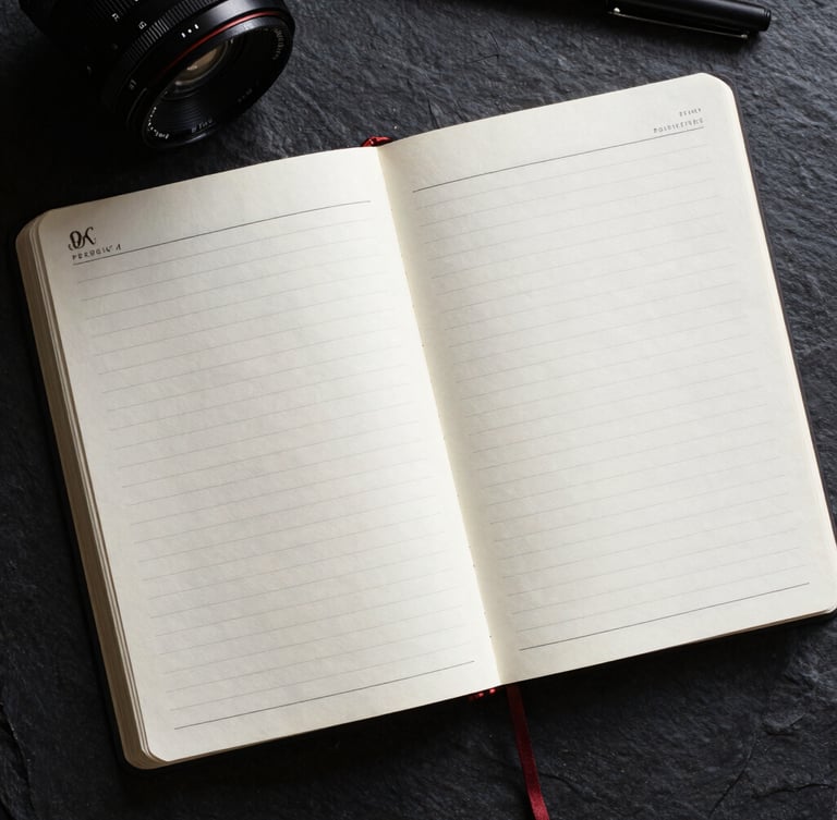 Top-down macro flat-lay of a premium open planner on a dark slate desk, heavy textured paper, sharp black ink lines, dramatic side lighting.