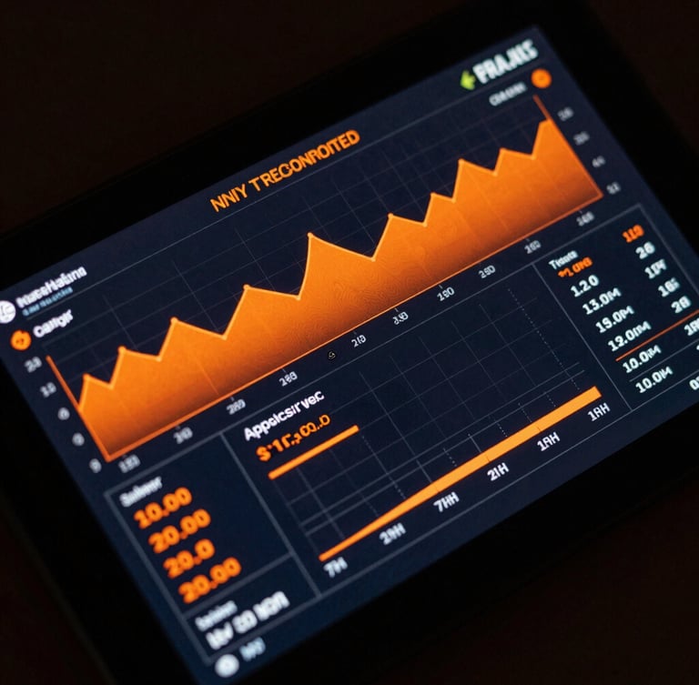 Macro top-down view of a dark digital screen displaying a high-contrast orange attention tracker interface with telemetry graphs and precise data points, dramatic side lighting.