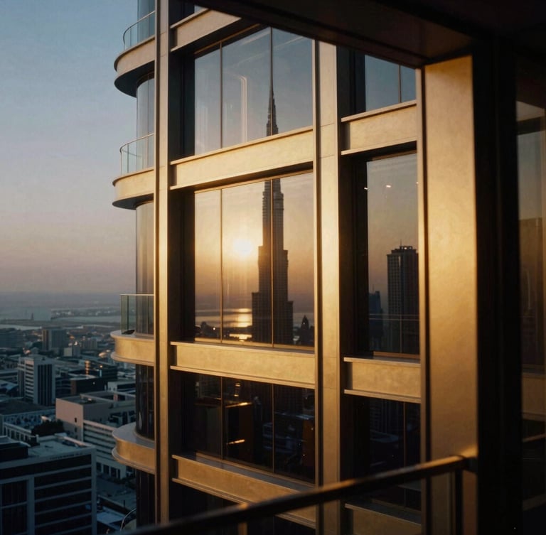 Anamorphic close-up of a high-end luxury penthouse interior in Dubai, overlooking the skyline at dusk, gold accents reflecting warm light, dramatic shadows, 35mm film