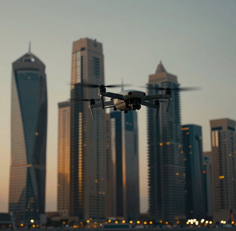 Cinematic low-angle tracking shot of a drone flying over Dubai Marina skyscrapers at twilight, city lights blurred in the background.