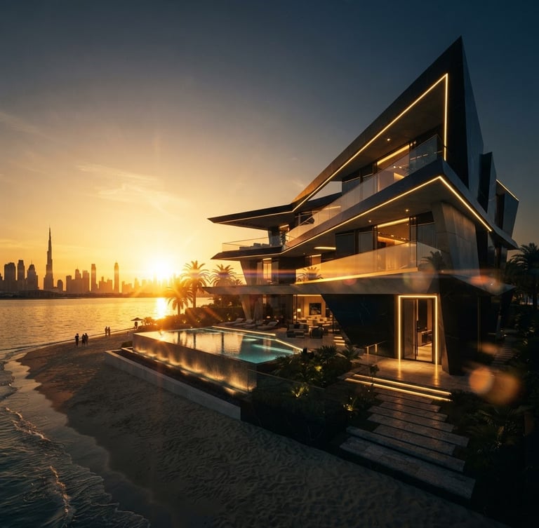 Low-angle cinematic wide shot of a futuristic luxury villa in Dubai at golden hour, sharp architectural lines, dramatic gold rim lighting, anamorphic lens flare, 35mm