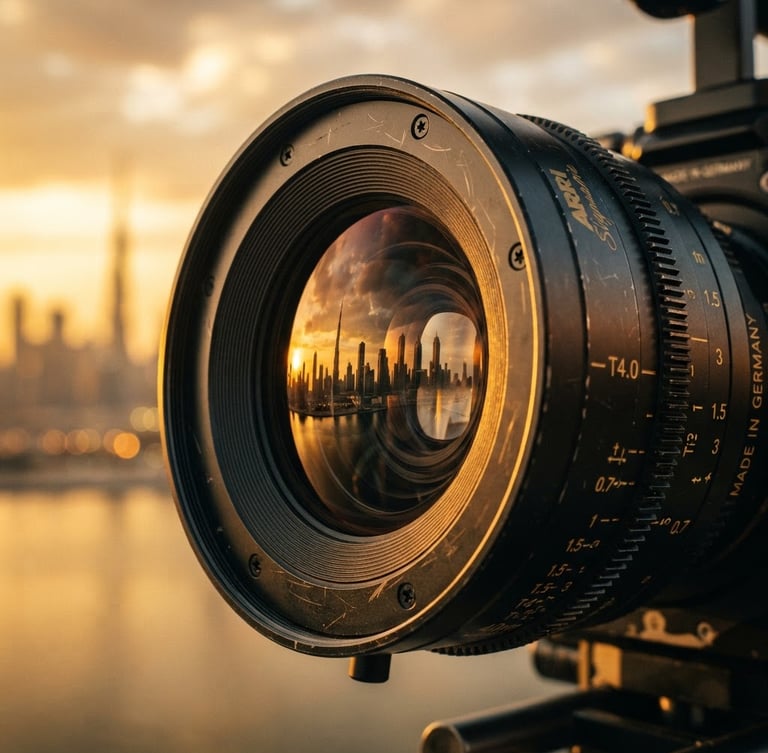 Extreme close-up of a high-end anamorphic camera lens with dramatic golden hour rim light, reflections of Dubai skyline in the glass, 35mm cinematic film photography