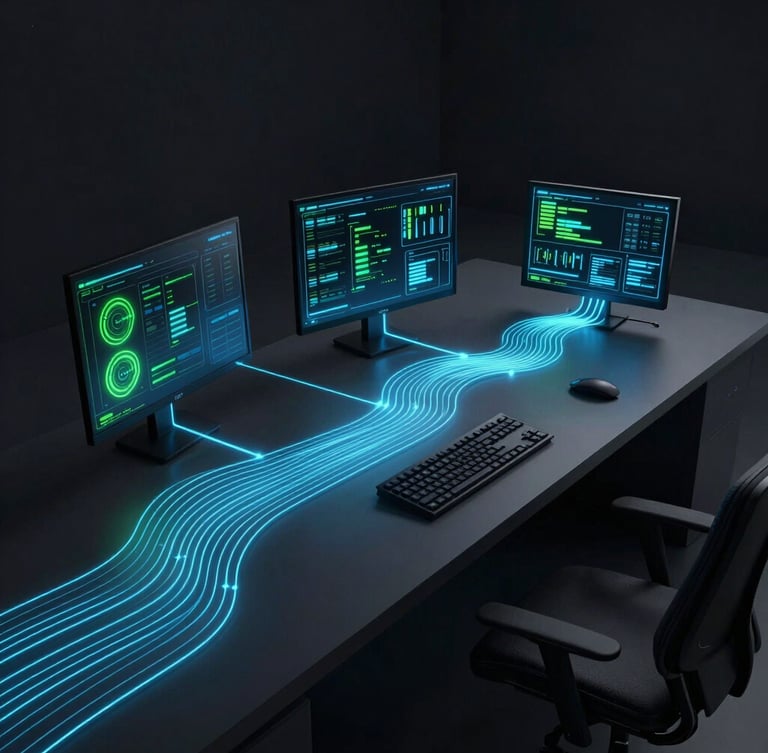 Moody 3D render of a clean geometric workspace with glowing electric blue data streams connecting interfaces, dark obsidian background, cinematic low-key lighting.