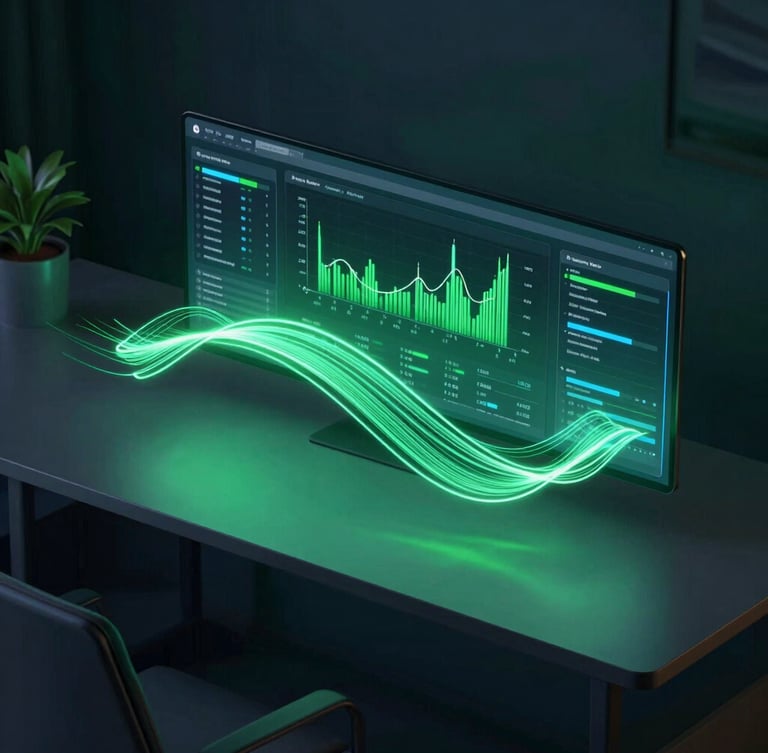 A clean overhead desk setup showing a modern software dashboard with glowing neon green data flows, moody low-key ambient lighting, 3d render style