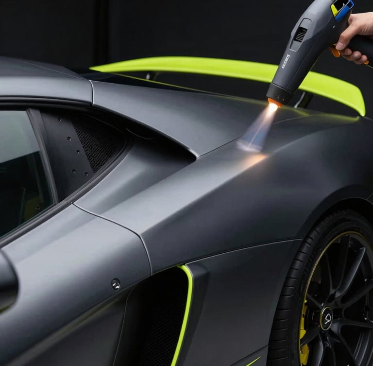 Dramatic automotive photography, dark studio lighting, close-up of a luxury sports car corner being wrapped with matte black vinyl, heat gun glow, sharp details, 85mm