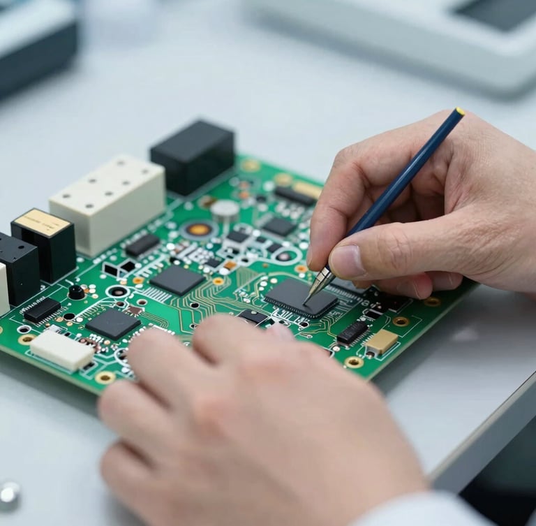 Focused hands of an engineer assembling a complex medical circuit board in a cleanroom lab, bright cool lighting, high contrast