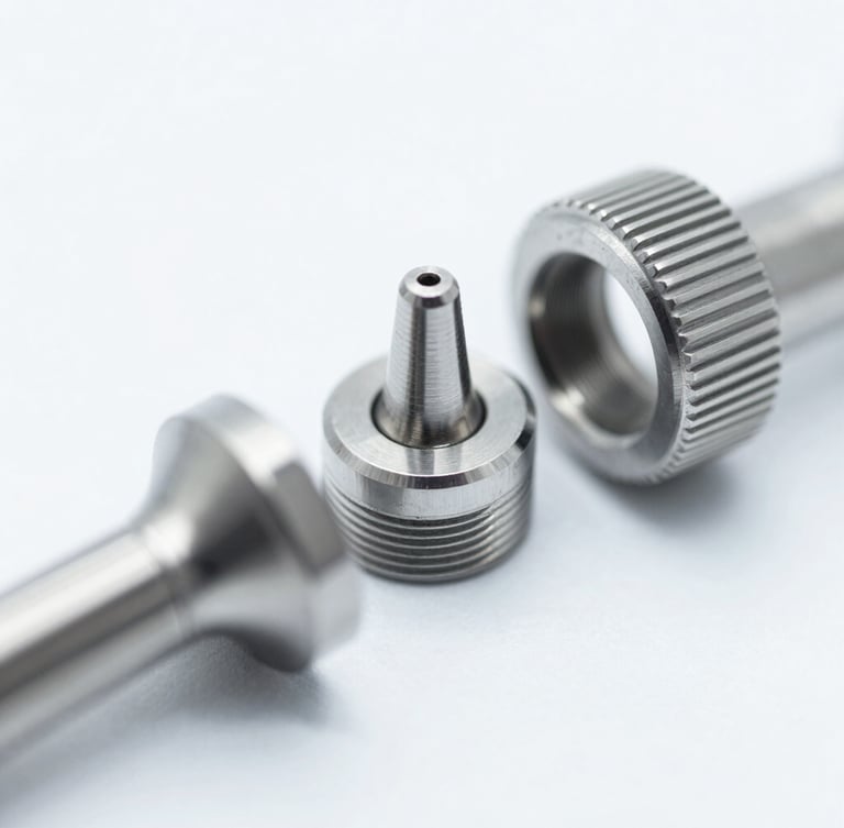 Macro photograph of surgical steel medical device components under crisp clinical lighting, high contrast desaturated tones, 50mm lens