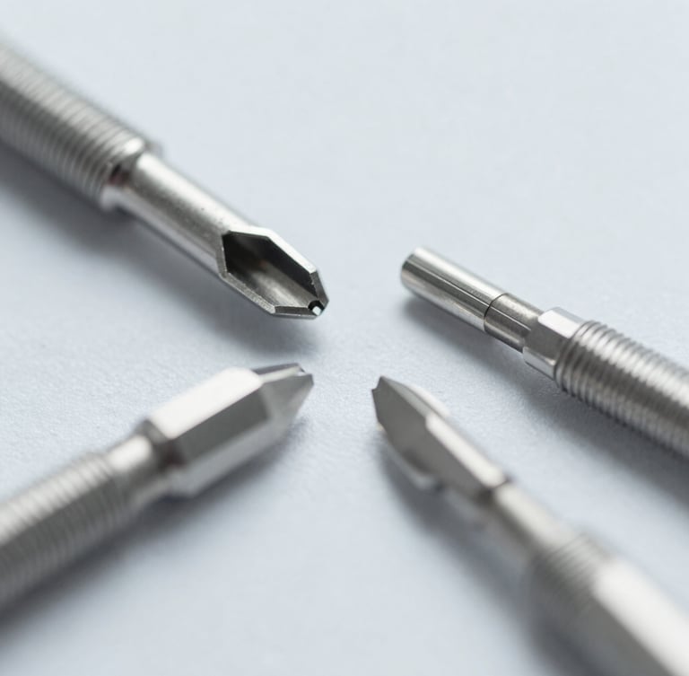 Macro photograph of surgical steel medical device components, crisp cool bright clinical lighting, high contrast desaturated tones, 50mm lens focus on metallic edges.