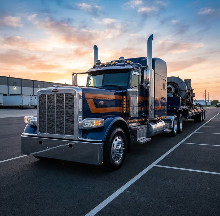 Low-angle heroic shot of a pristine, branded JONATHAN'S SON INC heavy transport truck, deep navy with amber accents, parked on a clean asphalt lot at sunrise, sharp focus, industrial editorial photography.