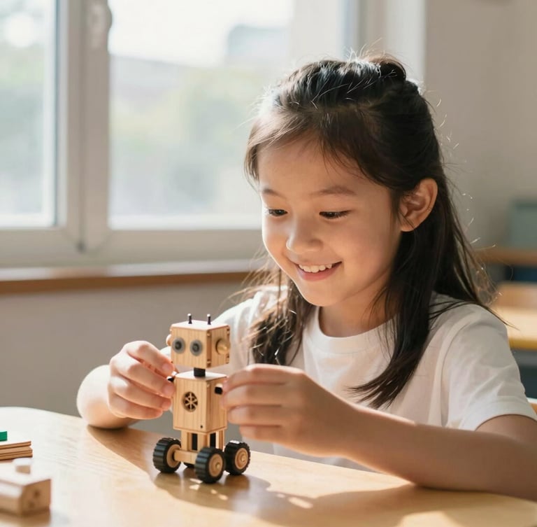 Medium close-up of a young girl smiling as she builds a small wooden robot, warm natural daylight streaming through a classroom window, shallow depth of field, 35mm