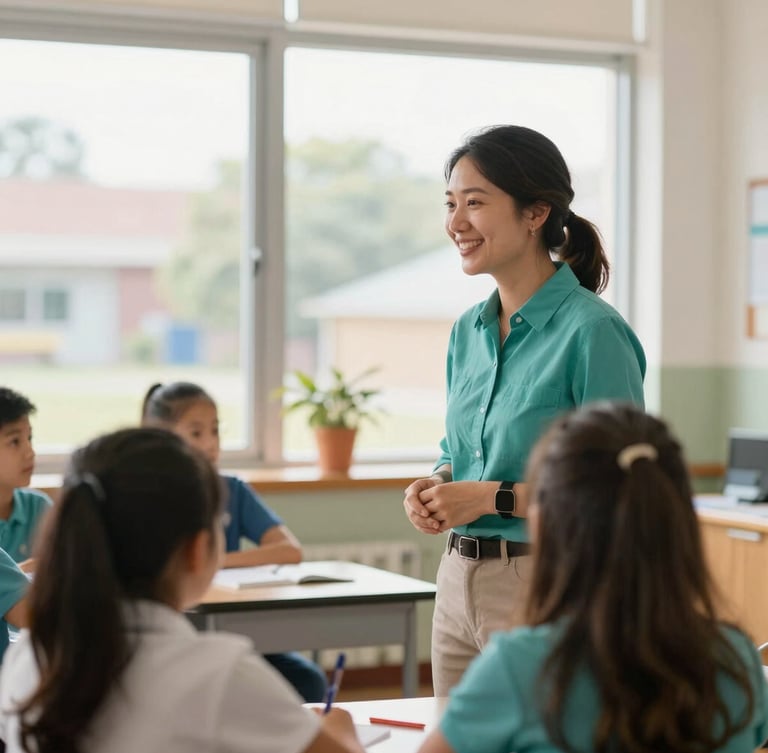 Warm editorial photography of an active elementary school classroom with natural window light, a principal smiling and talking with an instructor in a teal shirt, 35mm