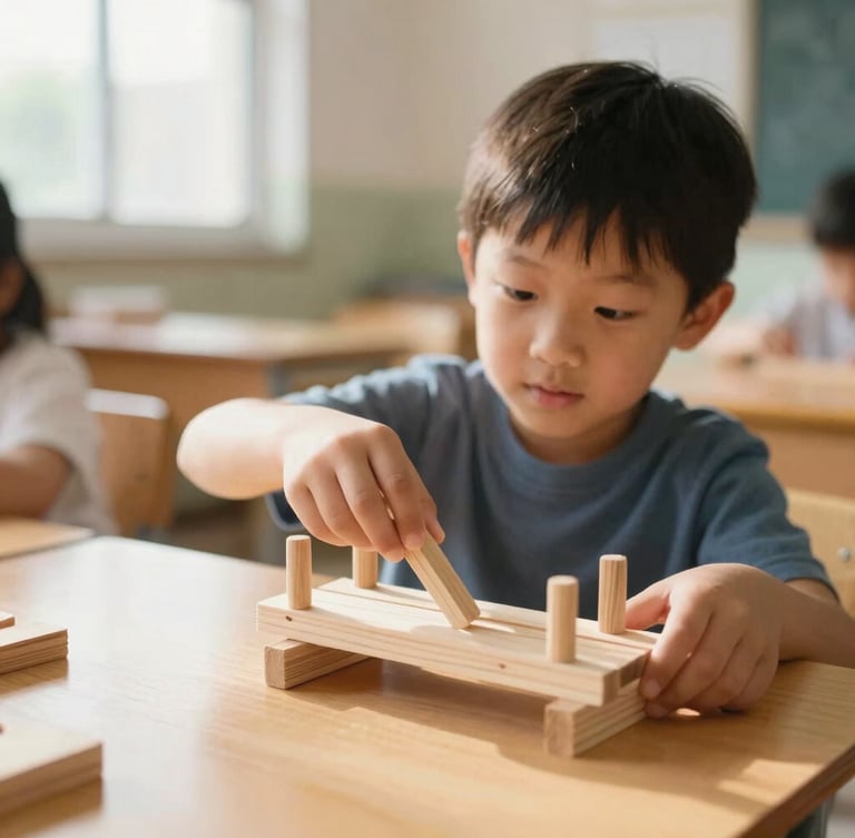 Warm editorial photography of a child focused on building a small wooden bridge in a sunlit classroom, shallow depth of field, 35mm