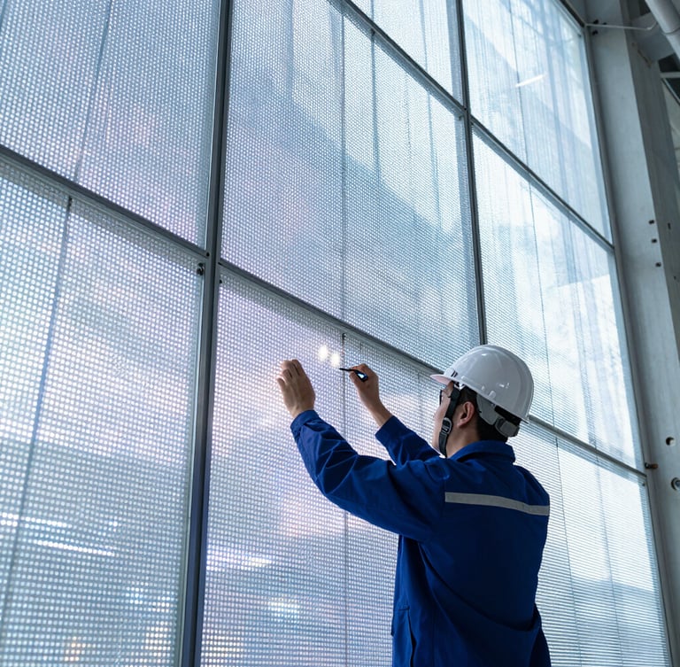 A professional engineer calibrating a large transparent LED screen in a modern architectural space, soft natural light, detailed view of the screen transparency, 35mm