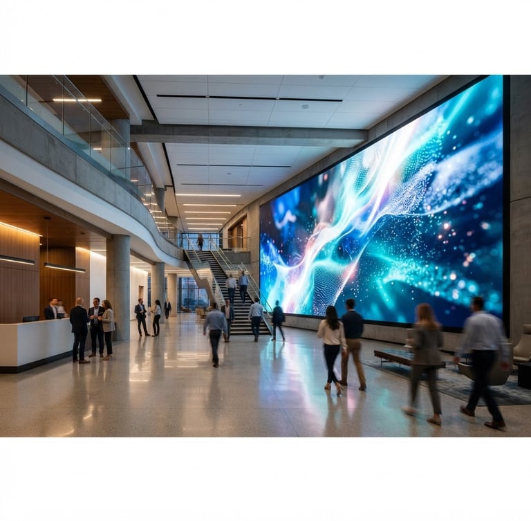 Wide architectural shot of a modern corporate lobby with a massive seamless LED video wall displaying abstract flowing art, sharp focus, 35mm