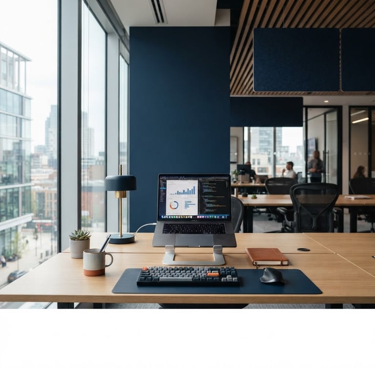 Crisp editorial photography of a modern office environment, focus on a clean architectural workspace with natural daylight, deep blue tones and subtle orange accents, 50mm lens.