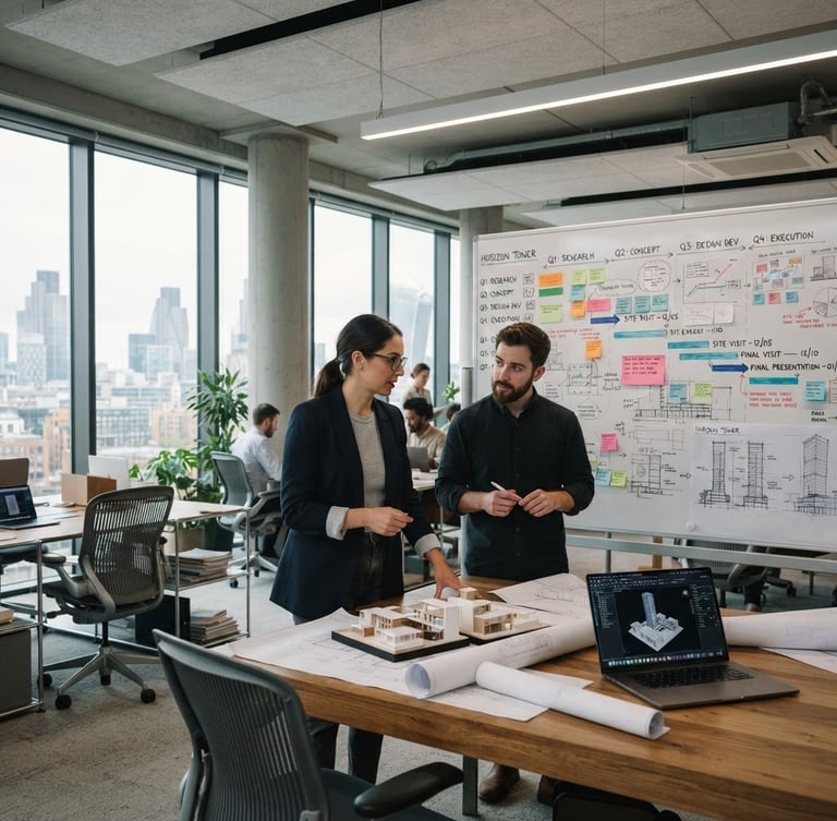 Crisp editorial photography of a modern structured office with natural daylight, architectural lines, a detailed project timeline on a whiteboard in the background, professional 50mm lens.