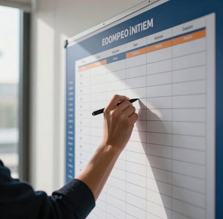 Tight environmental detail shot of a professional workspace, hands writing on a large project timeline board under natural window light, 50mm lens