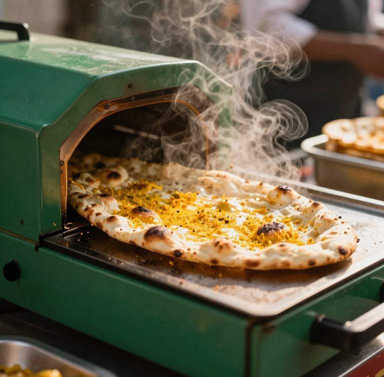 Close-up of a chef preparing fresh naan bread in a portable tandoor oven at a live cooking station, steam rising, warm editorial light, 35mm lens, rich saffron and deep green tones.