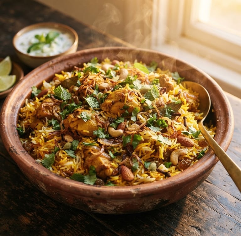 Wide panoramic shot of saffron-infused biryani, steam gently rising, garnished with fresh cilantro and fried onions, warm golden-hour side light, rich saturated saffron and deep green tones, 35mm lens, tight crop