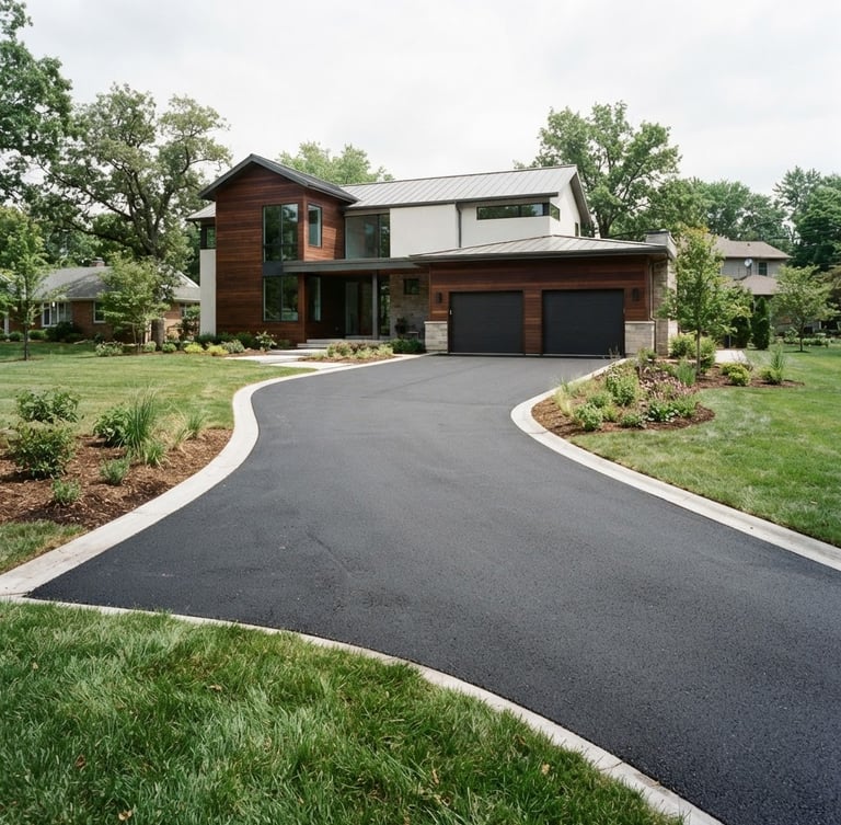 Wide panoramic shot of a newly completed, clean asphalt driveway with sharp edges, bright overcast daylight, a modern house in the background, 35mm.
