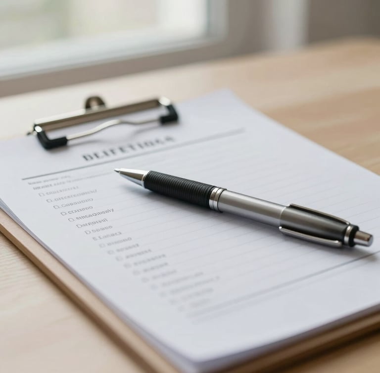 Close-up of clinical assessment paperwork on a wooden clipboard, a professional pen resting on the page, soft natural lighting.