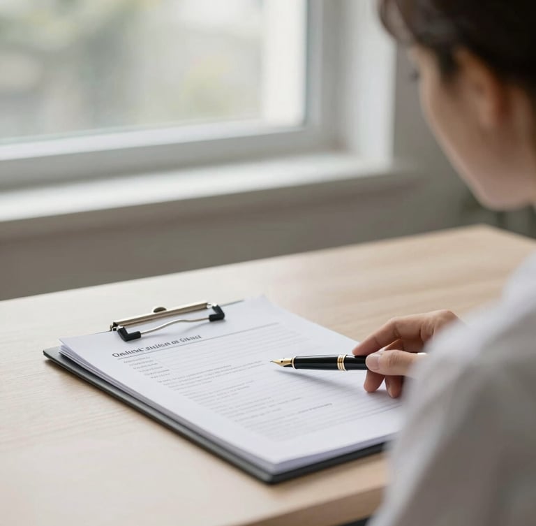 A clean, professional consultation office with soft window light, a fountain pen resting on a folder of clinical intake papers, shallow depth of field.