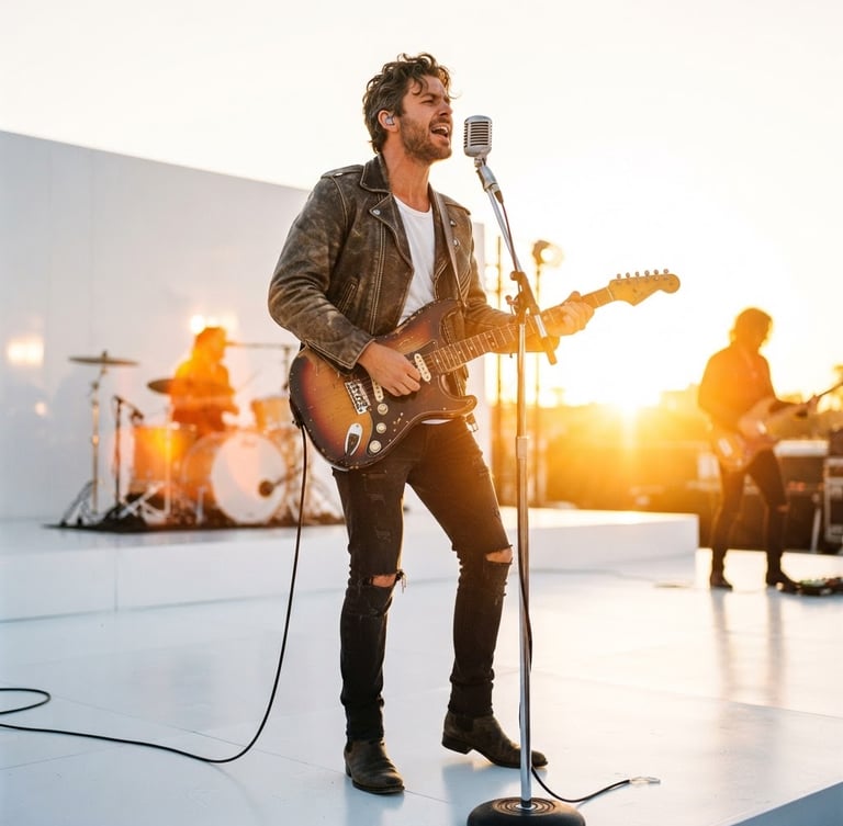 Low-angle dynamic performance shot of a musical artist on a clean white stage, bathed in brilliant golden-hour sunlight and warm stage flares, 35mm lens
