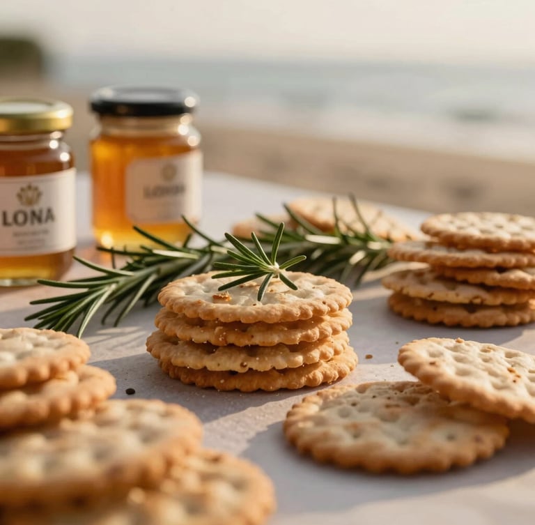 Close-up of a beautifully styled grazing table with artisanal crackers, fresh rosemary, and local honey jars under warm afternoon light, shallow depth of field