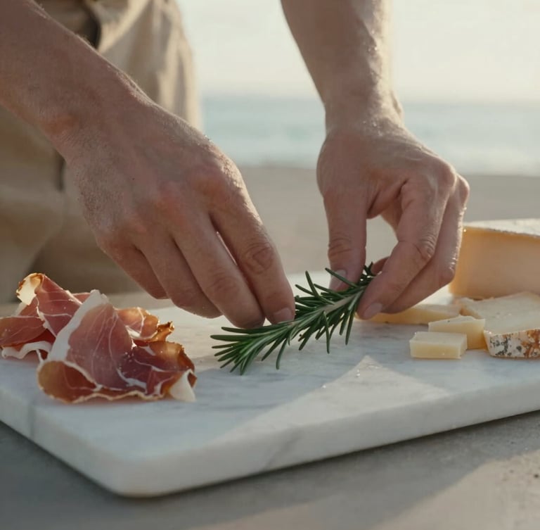 Close-up of hands arranging a sprig of fresh rosemary on a marble slab next to aged prosciutto and artisan cheeses, soft afternoon coastal daylight, shallow depth of field, 35mm