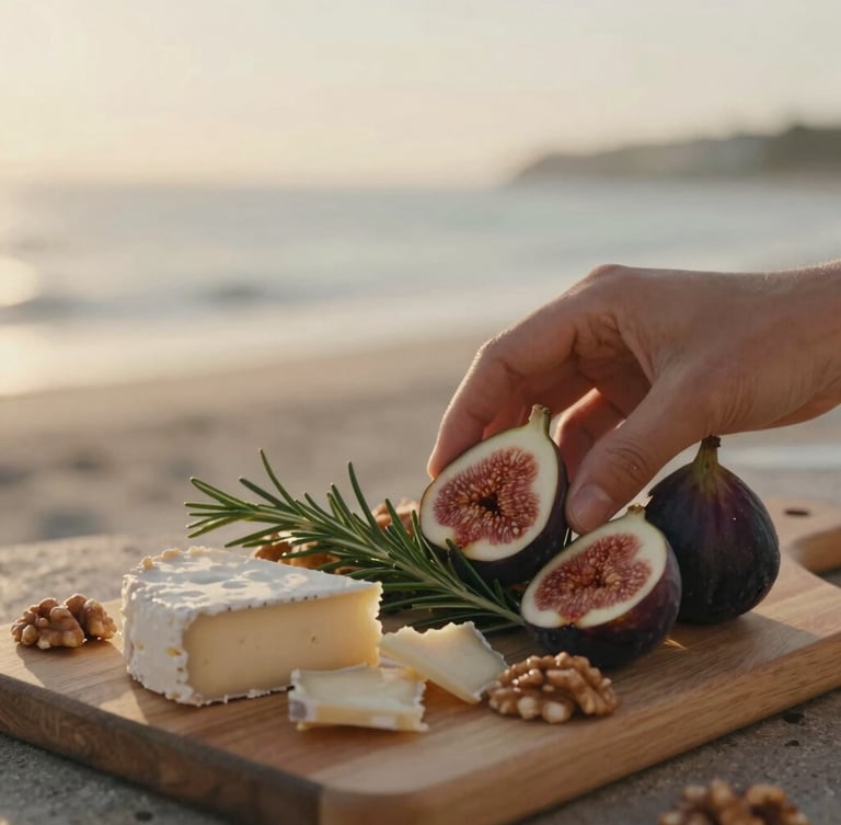 Overhead close-up of hands placing fresh figs and rosemary on a walnut cheese board, soft golden-hour coastal light, shallow depth of field