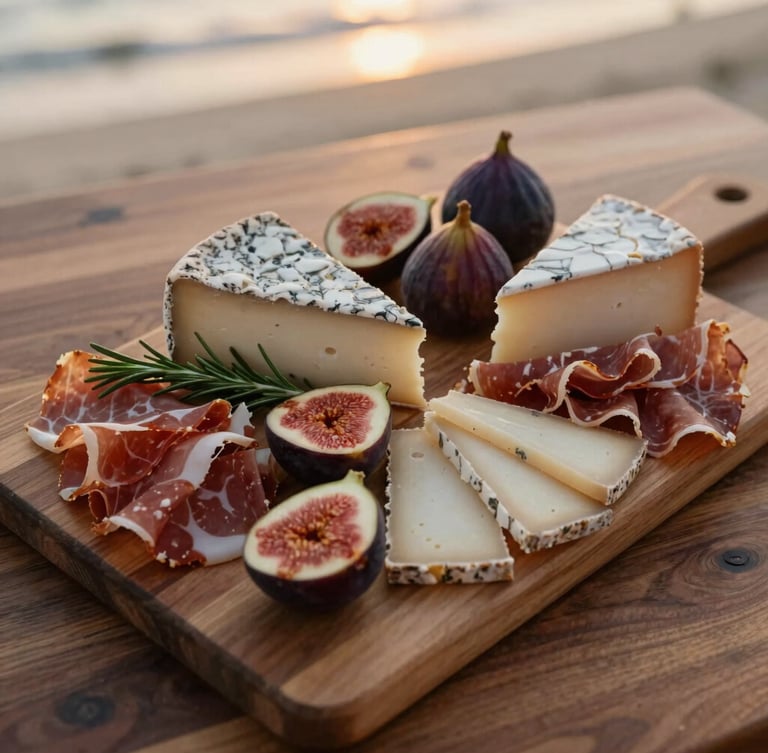 Close-up overhead flat-lay of an artisanal cheese board with cured meats, fresh figs, and rosemary sprigs on a warm walnut wood table, soft coastal golden-hour light, 35mm