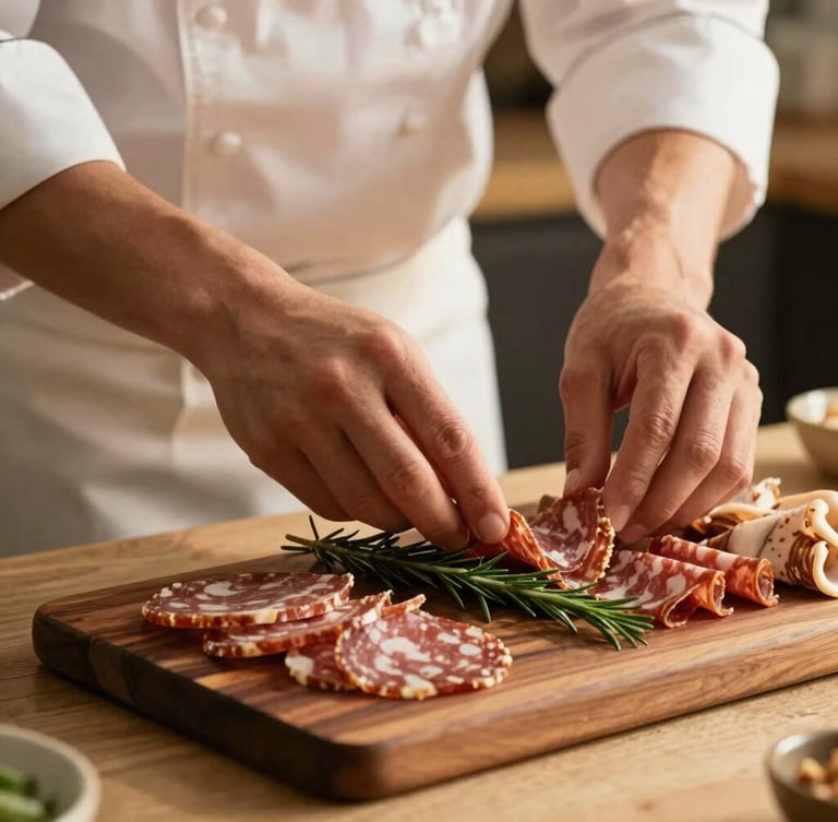 Close-up of a professional chef's hands carefully arranging artisan charcuterie and fresh rosemary on a dark walnut board, warm indoor lighting, shallow depth of field