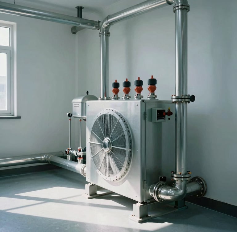 Inside a clean, highly organized commercial utility room. Polished steel pipes and advanced heat exchangers under crisp, cool daylight with sharp shadows.