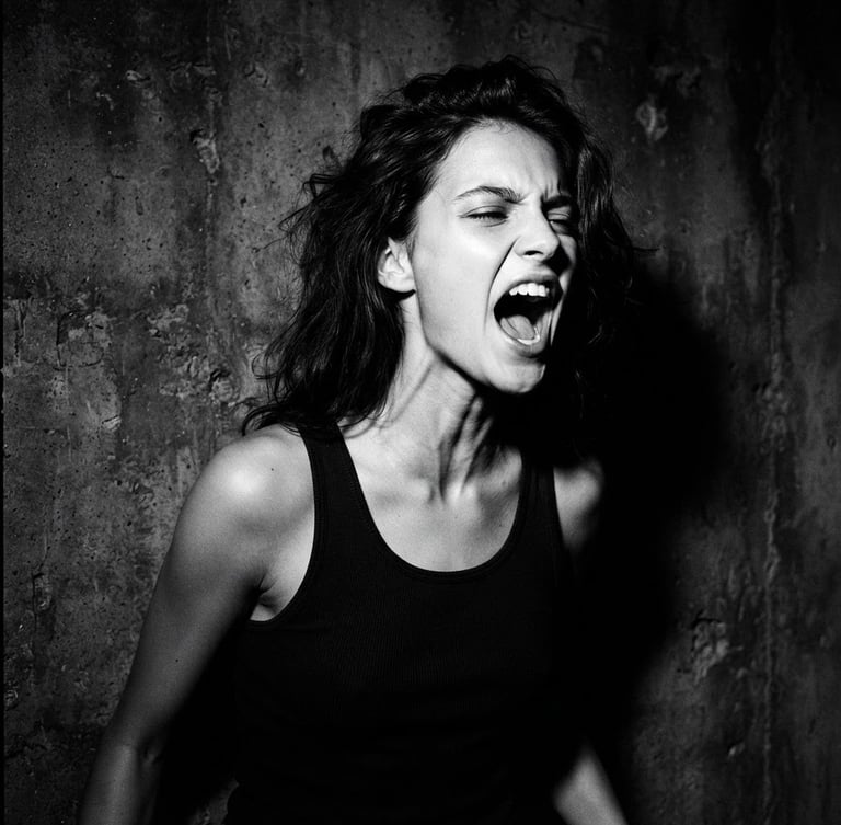 Raw uncropped campaign still of a model mid-shout against a concrete wall, direct hard flash, deep shadows, high-contrast black and white, 35mm film grain