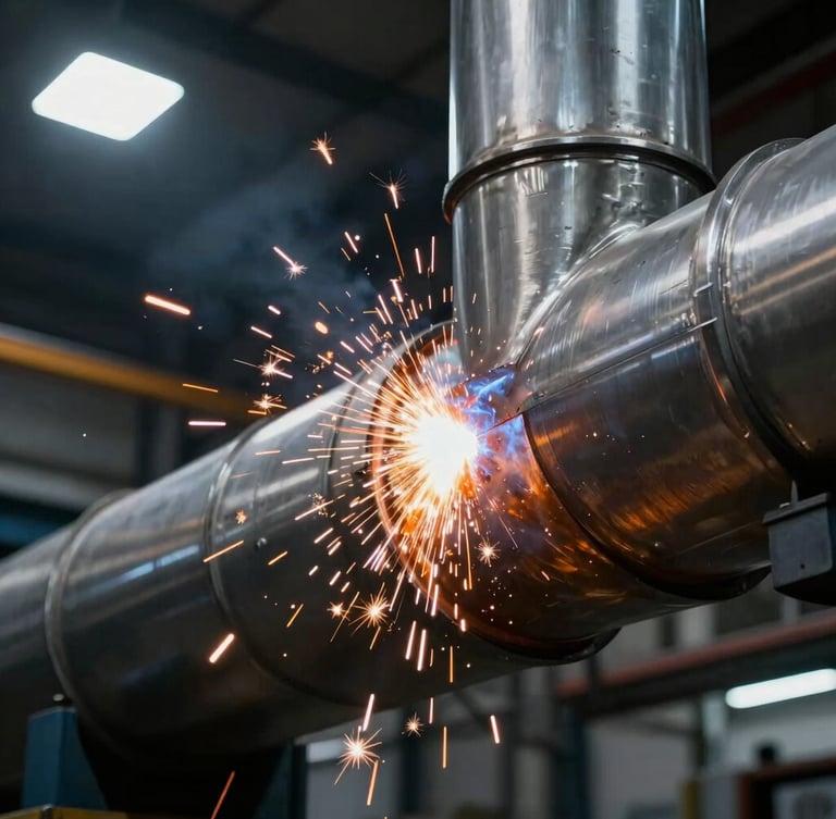 Close-up of a precision weld on a massive stainless steel industrial duct, bright orange sparks flying, dramatic high-contrast industrial lighting, 35mm