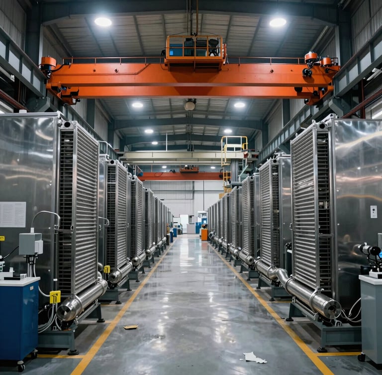 Wide environmental shot of a clean, high-spec industrial manufacturing floor in Florida, overhead crane visible, stainless steel drying tubes lined up, dramatic factory lighting.