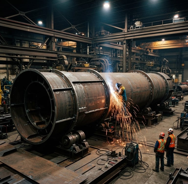 Wide-angle shot of a massive industrial rotary dryer drum being fabricated in a steel workshop, sparks flying from precision welding in the background, dramatic overhead factory lighting, high contrast.