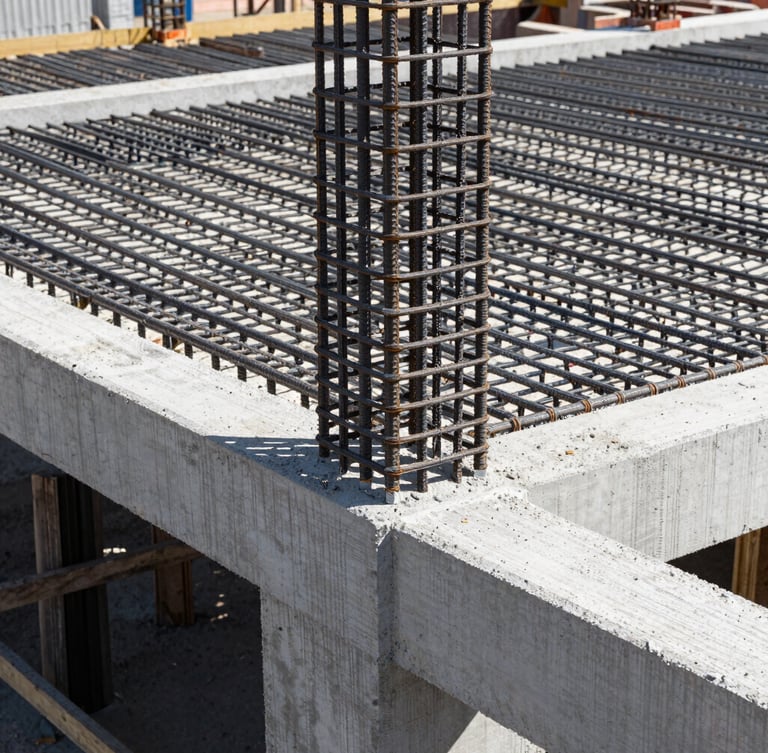Close-up of a modern construction site in Turkey, showing high-grade structural steel rebar grid and freshly poured C35 concrete under bright daylight, architectural framing, sharp details